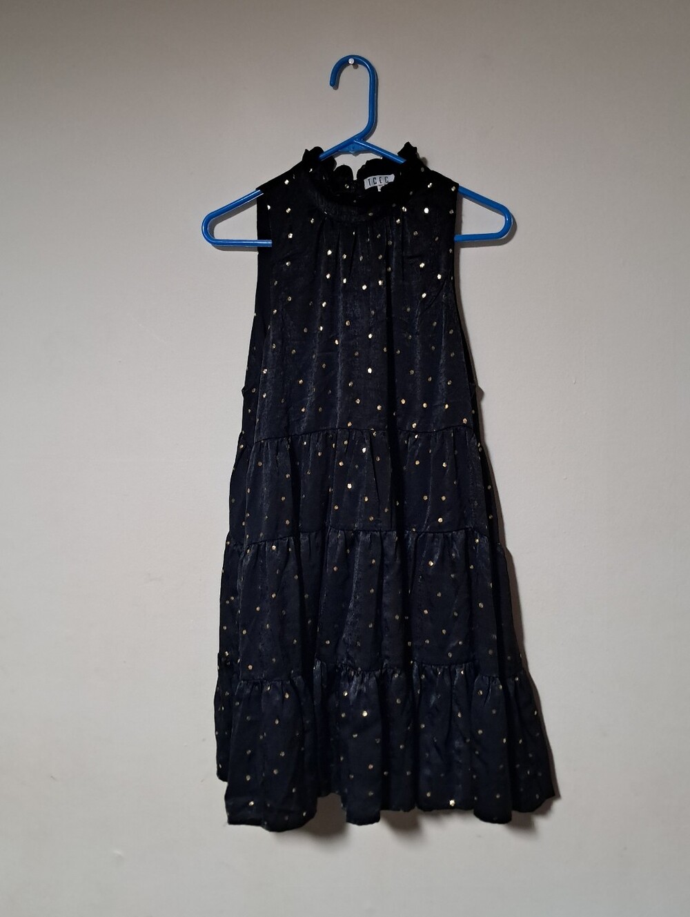 Womens Black Gold Polka-dot Tiered Lined Sleeveless Dress With Pockets Sz.L